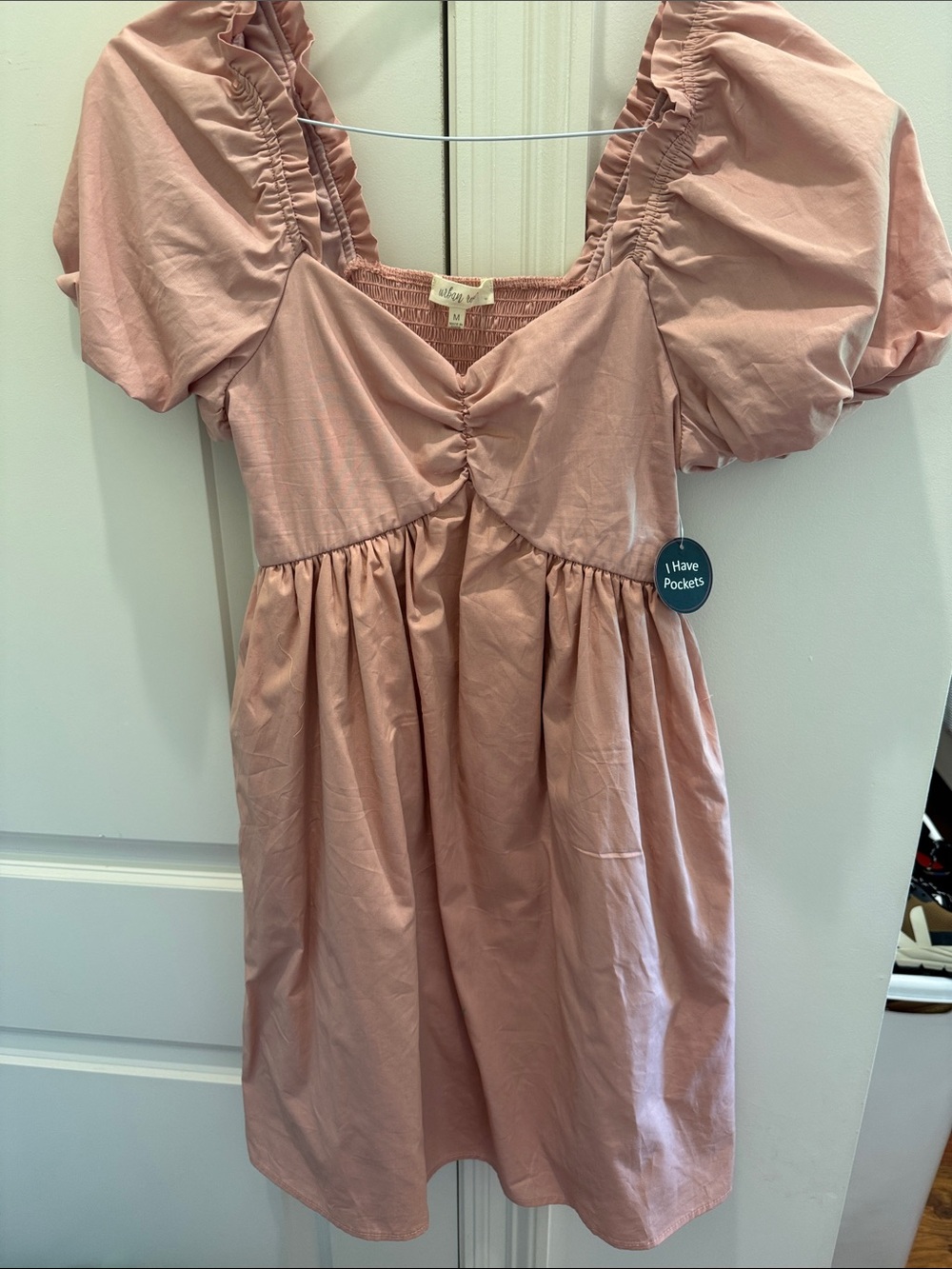 Blush Puff-Sleeve Dress with Pockets